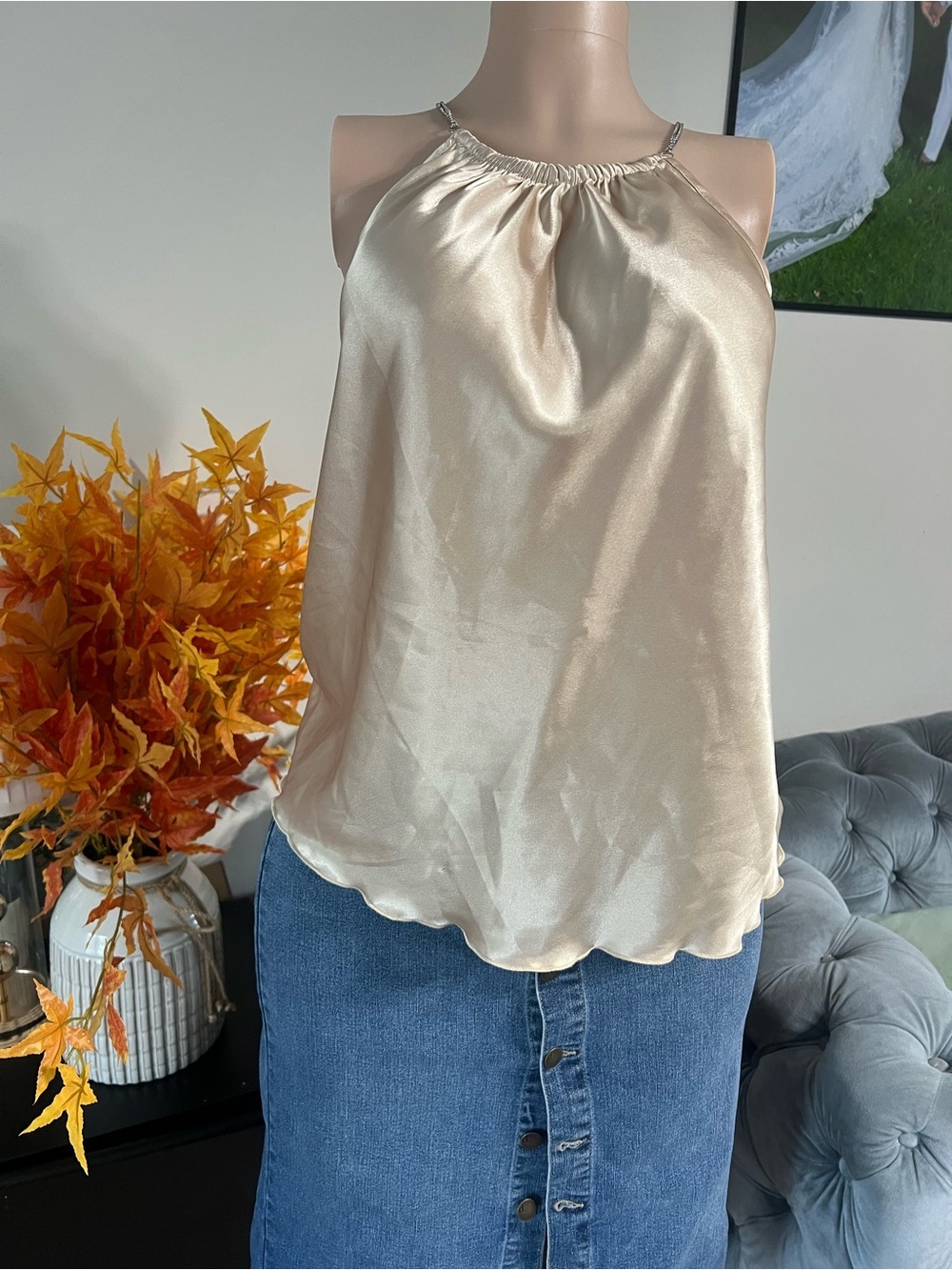 Satin Halter Camisole in Champagne